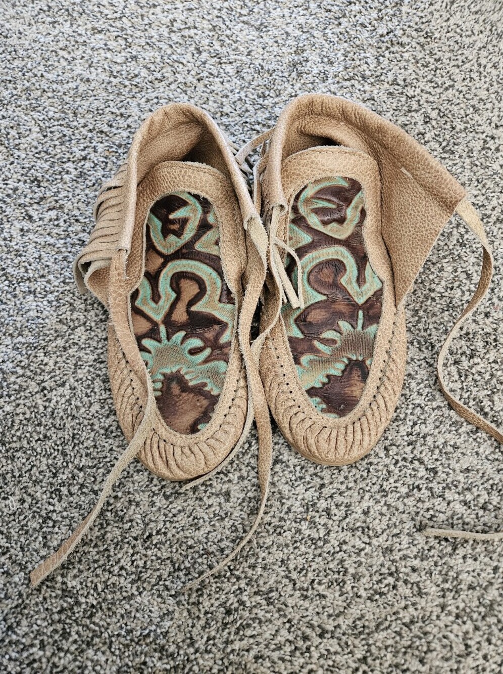 Women's Handmade Leather Moccasins with Turqoise & Brown Inlay